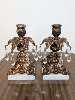 Pair Of Hollywood Regency Gold Tone Large Footed Candle Holders Crystals Marble